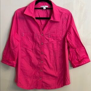 Croft & Barrow Hot Pink Button-Up V Neck Collared 3/4 Sleeve Shirt Size L